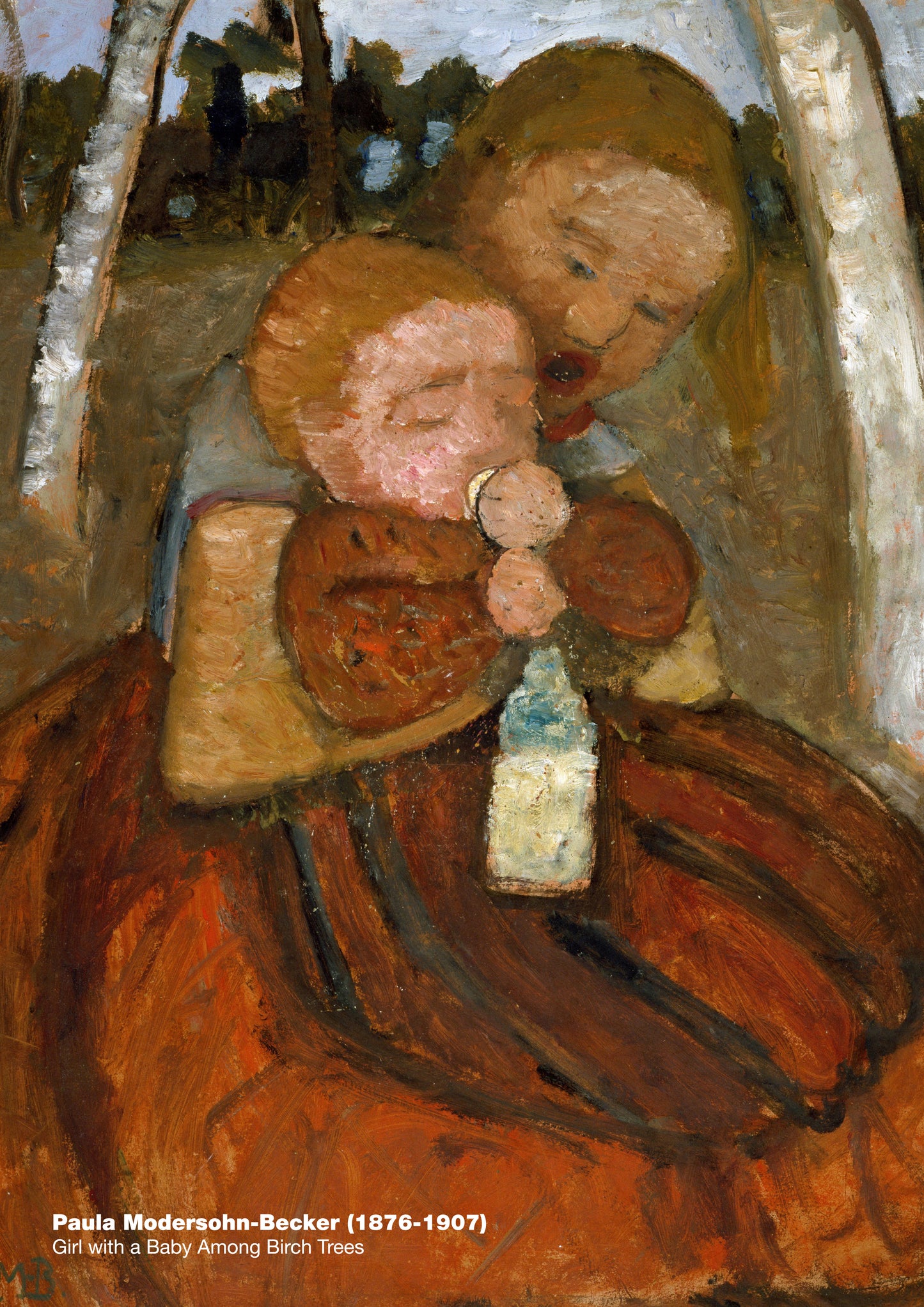 Girl with a baby among birch trees