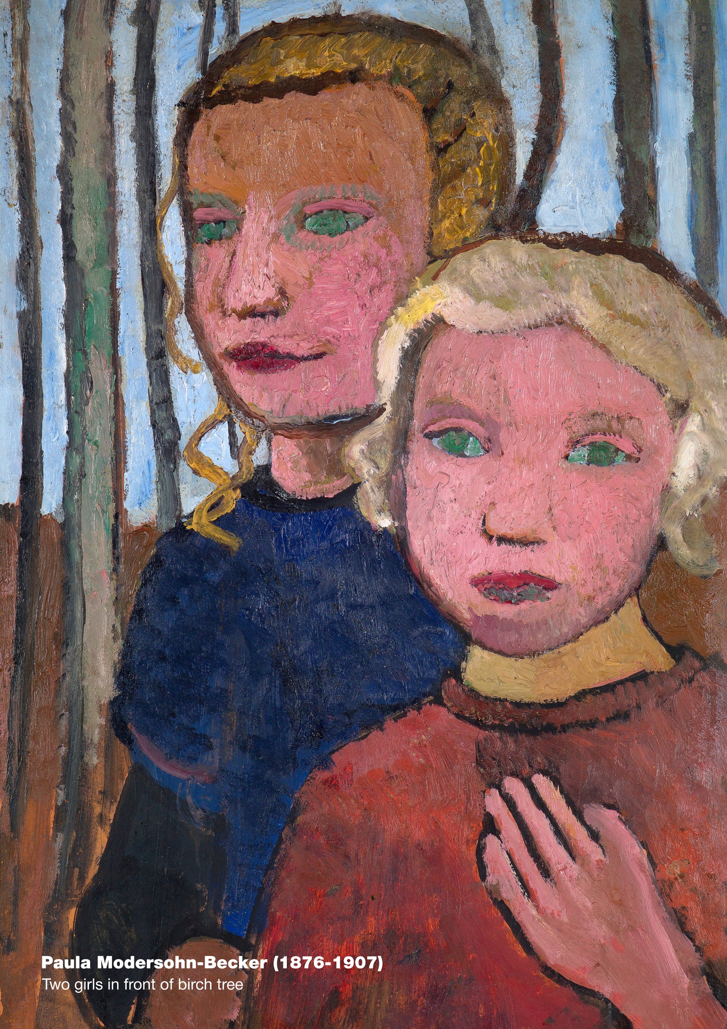 Two girls in front of birch tree