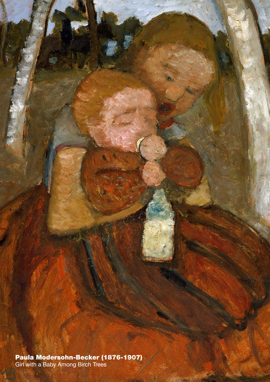 Girl with a baby among birch trees