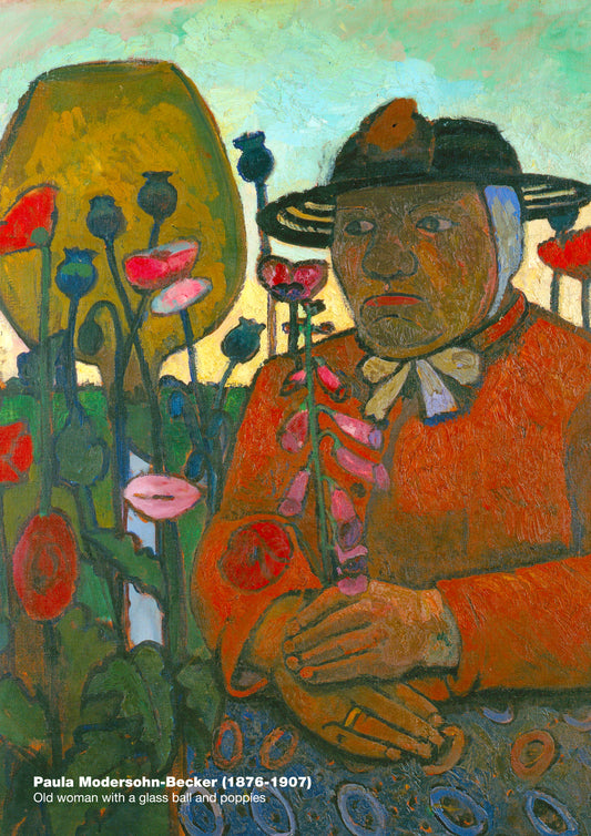 Old woman with a glass ball and poppies
