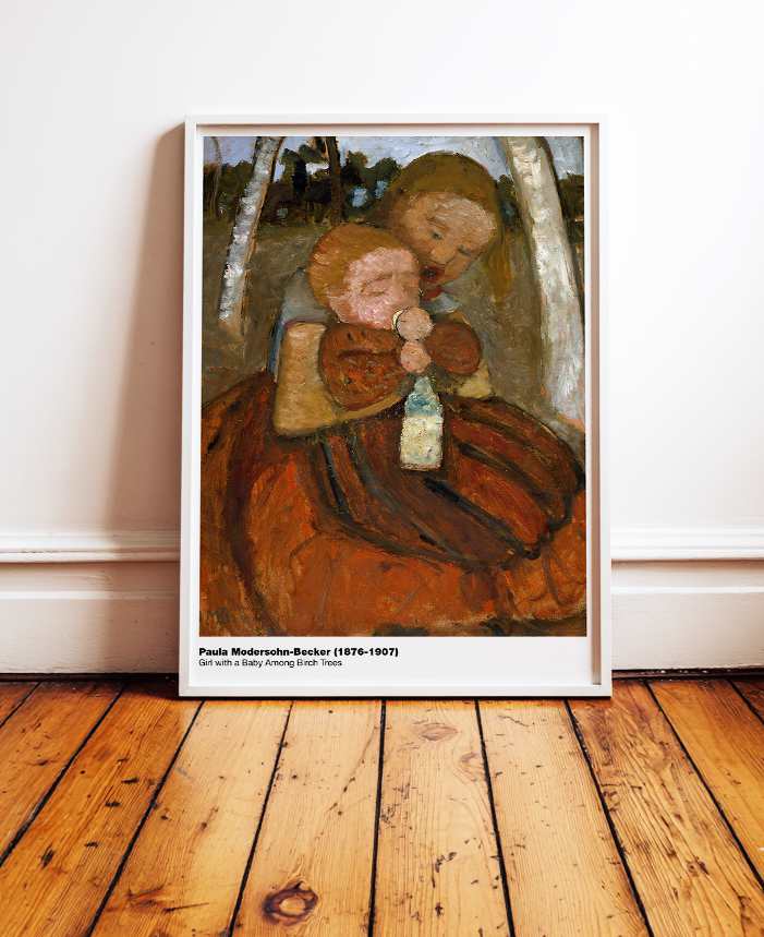Girl with a baby among birch trees