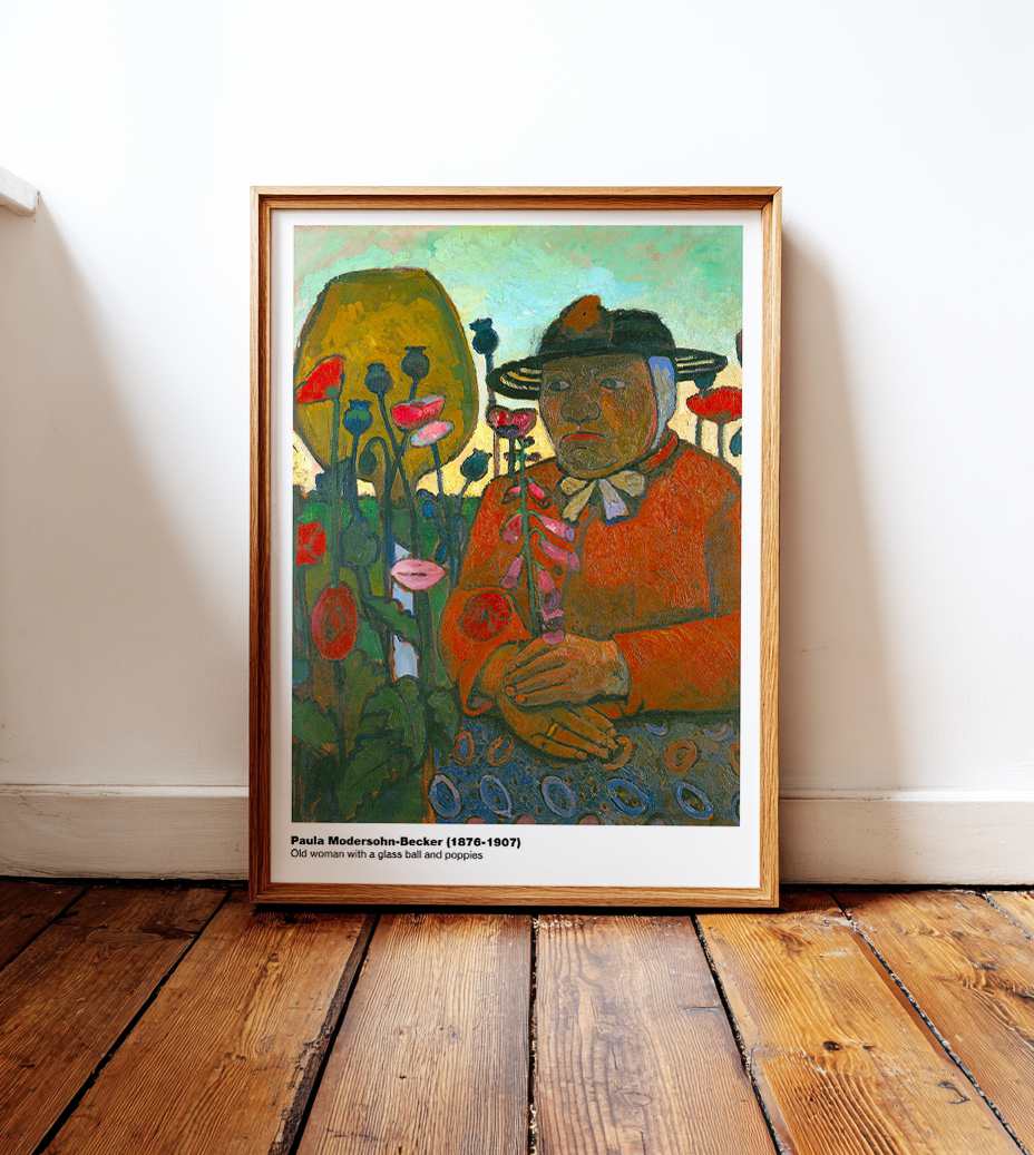 Old woman with a glass ball and poppies
